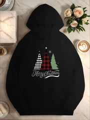 Women's Plus Size Christmas Tree Hoodie - Casual Long Sleeve With Pockets, Cozy Polyester Knit For Fall Winter