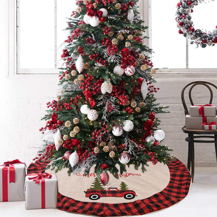 Christmas Decoration Tree skirt in imitated linen with red car design and plaid border under decorated Christmas tree