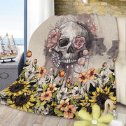 Rustic Skull Sunflower Flannel Fleece Blanket Floral Skull Flannel Soft Plush Throw Blanket Cozy Blankets For Bed Chair Car Sofa Couch Bedroom 75x100cm 130x150cm 150x200cm