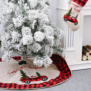 120cm linen Christmas tree skirt with red plaid edge and red car design for Christmas decoration tree