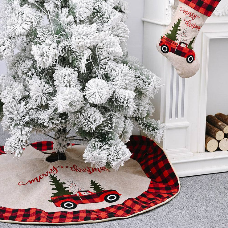 120cm linen Christmas tree skirt with red plaid edge and red car design for Christmas decoration tree