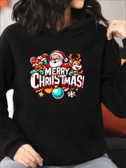 Women Santa Claus Christmas Graphics Print Plus Size Hoodie Long Sleeve Sweatshirt Soft, Cozy With Pocket
