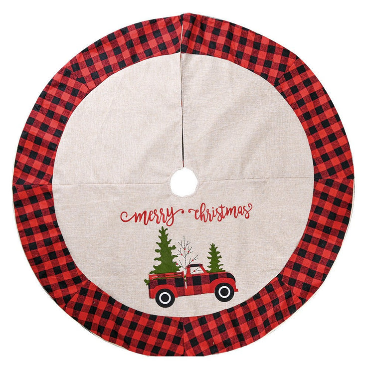 Christmas tree skirt with red and black plaid border and car design for Christmas decoration tree