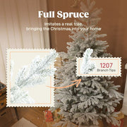Realistic full spruce Christmas tree with 1207 branch tips and snow-flocked design for festive home decor