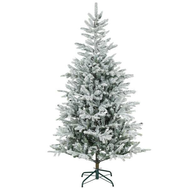 90-inch full spruce artificial Christmas tree with white flocked branches on metal base