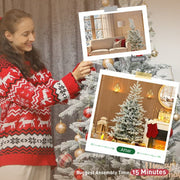 Woman decorating a realistic full spruce green and white Christmas Tree in a cozy living room with festive ornaments and warm lighting, showing before and after assembly shots