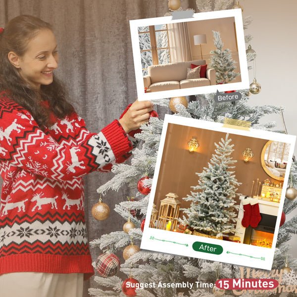 Woman decorating a realistic full spruce green and white Christmas Tree in a cozy living room with festive ornaments and warm lighting, showing before and after assembly shots